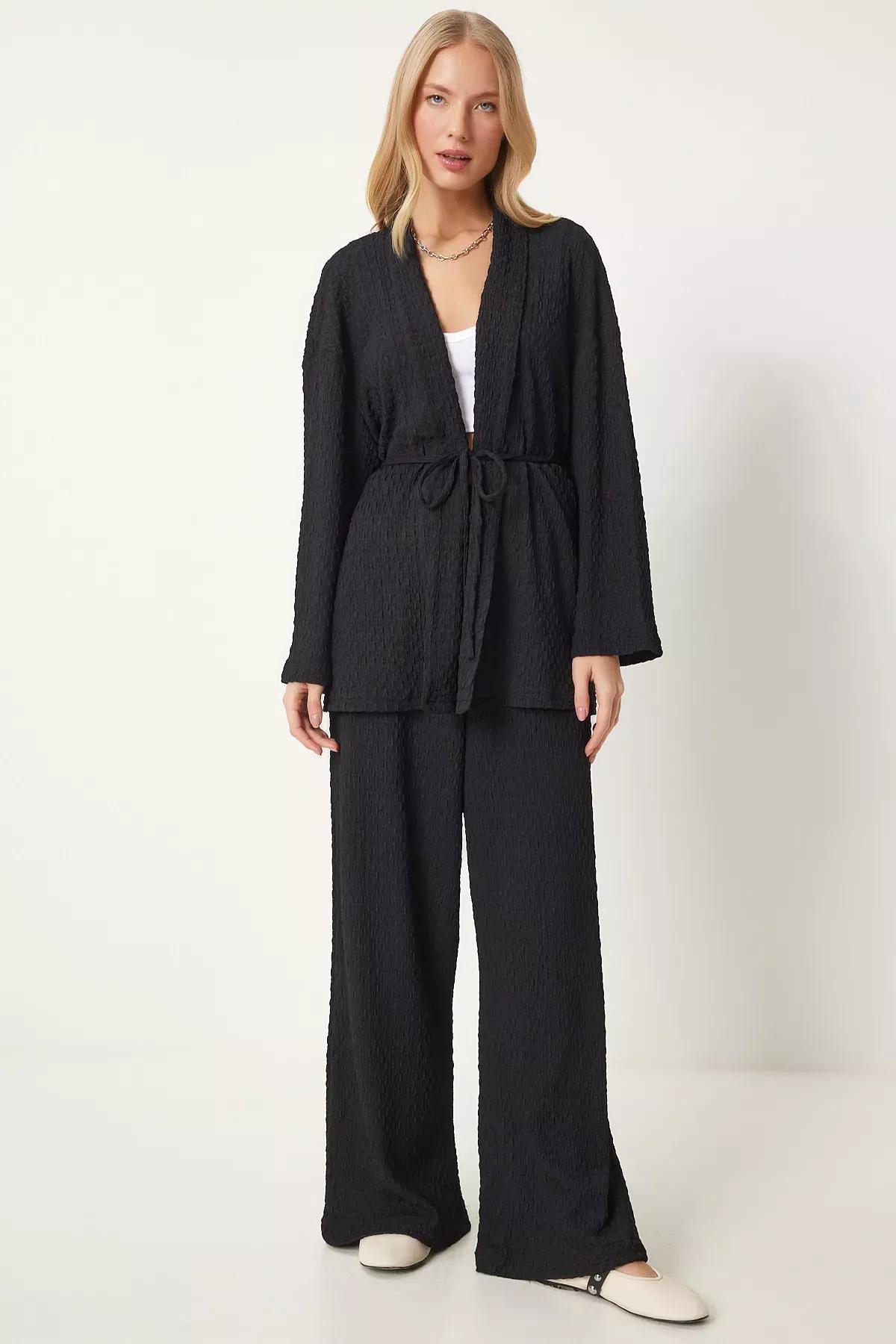 Black Textured Knit Kimono Set, BLACK, large image number 0
