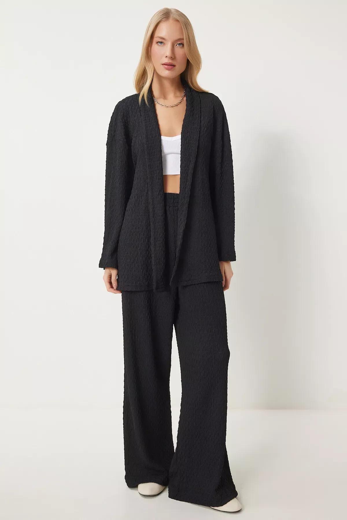 Black Textured Knit Kimono Set, BLACK, large image number 1