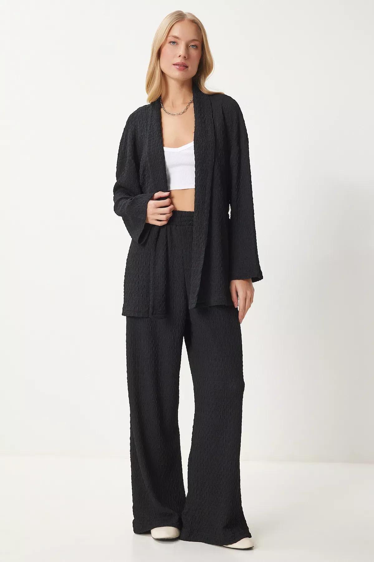 Black Textured Knit Kimono Set, BLACK, large image number 2