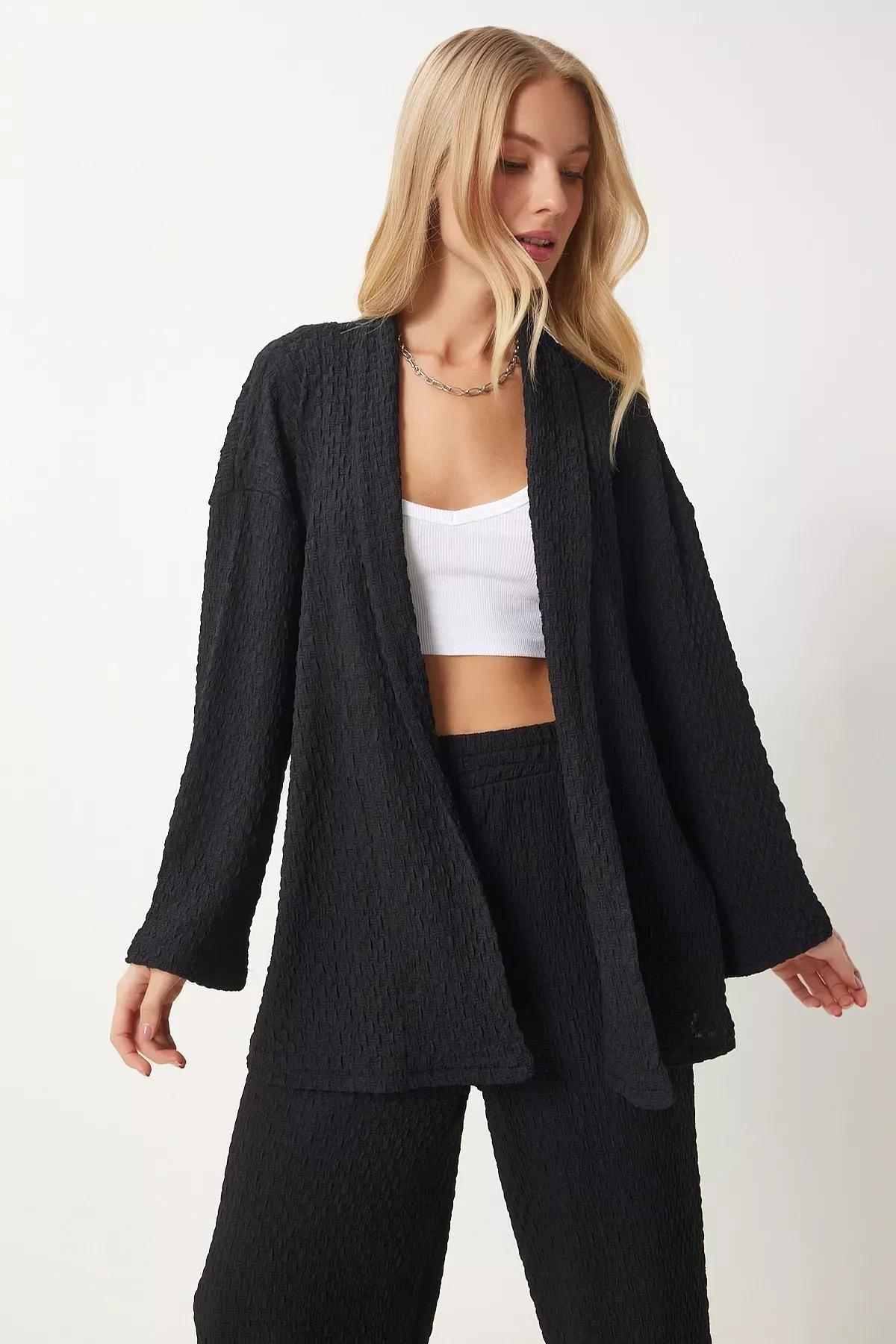 Black Textured Knit Kimono Set, BLACK, large image number 3