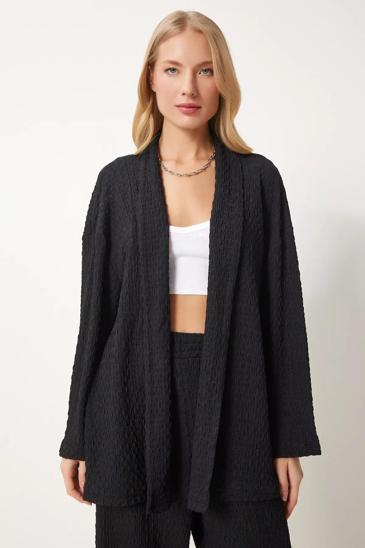 Black Textured Knit Kimono Set, BLACK, large image number 4