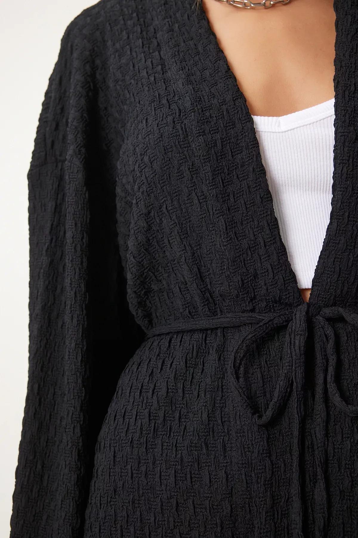 Black Textured Knit Kimono Set, BLACK, large image number 5