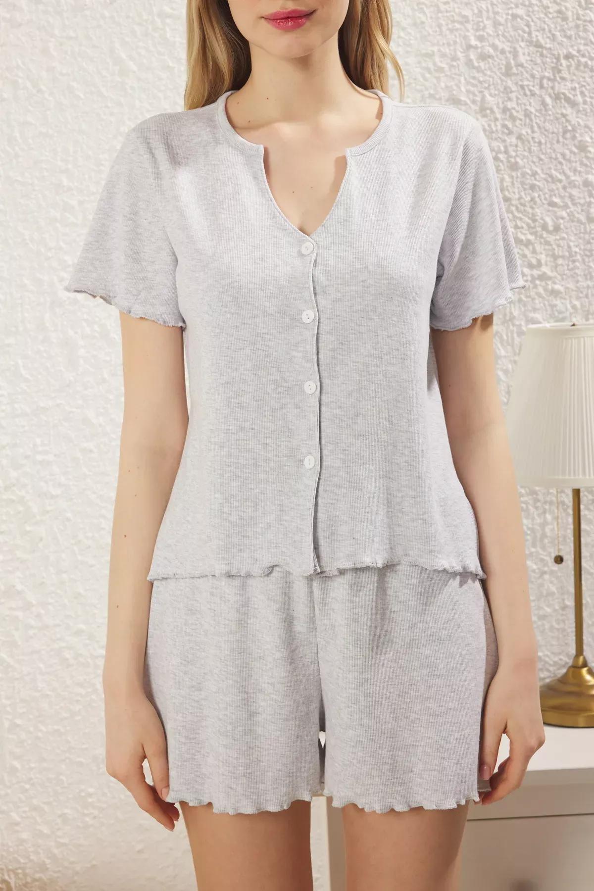 Grey Buttoned Ribbed Shorts Pajama Set, , large image number 2