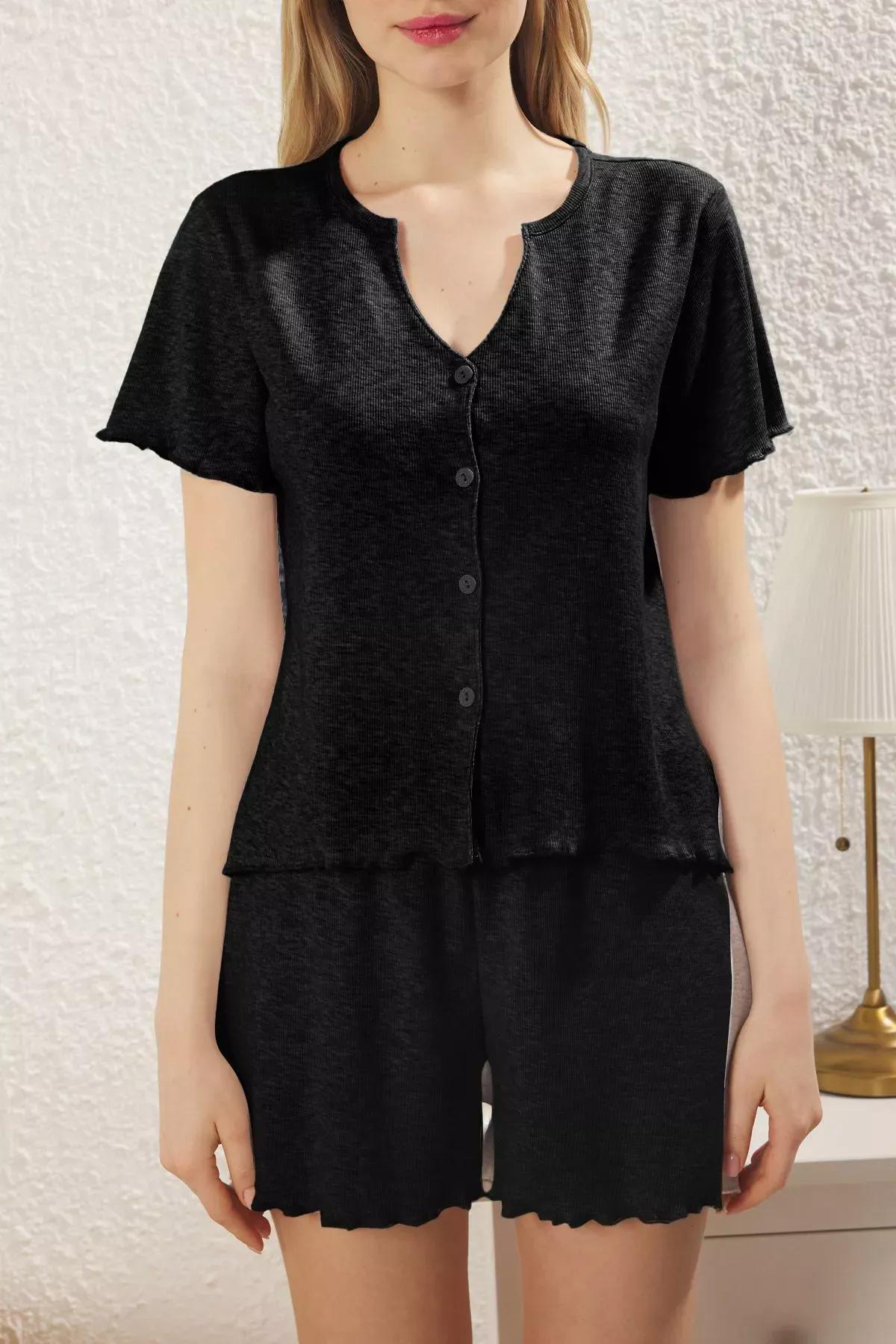 Black Buttoned Ribbed Pajama Set, , large image number 1
