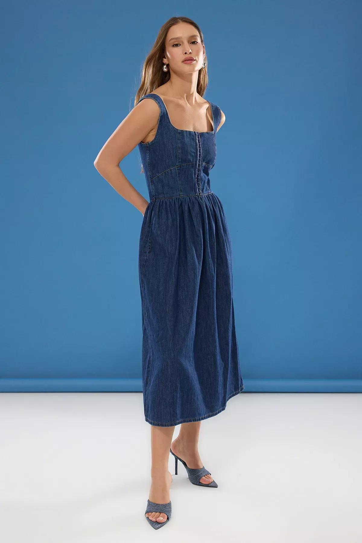 Blue Flounce Midi Denim Dress, , large image number 0