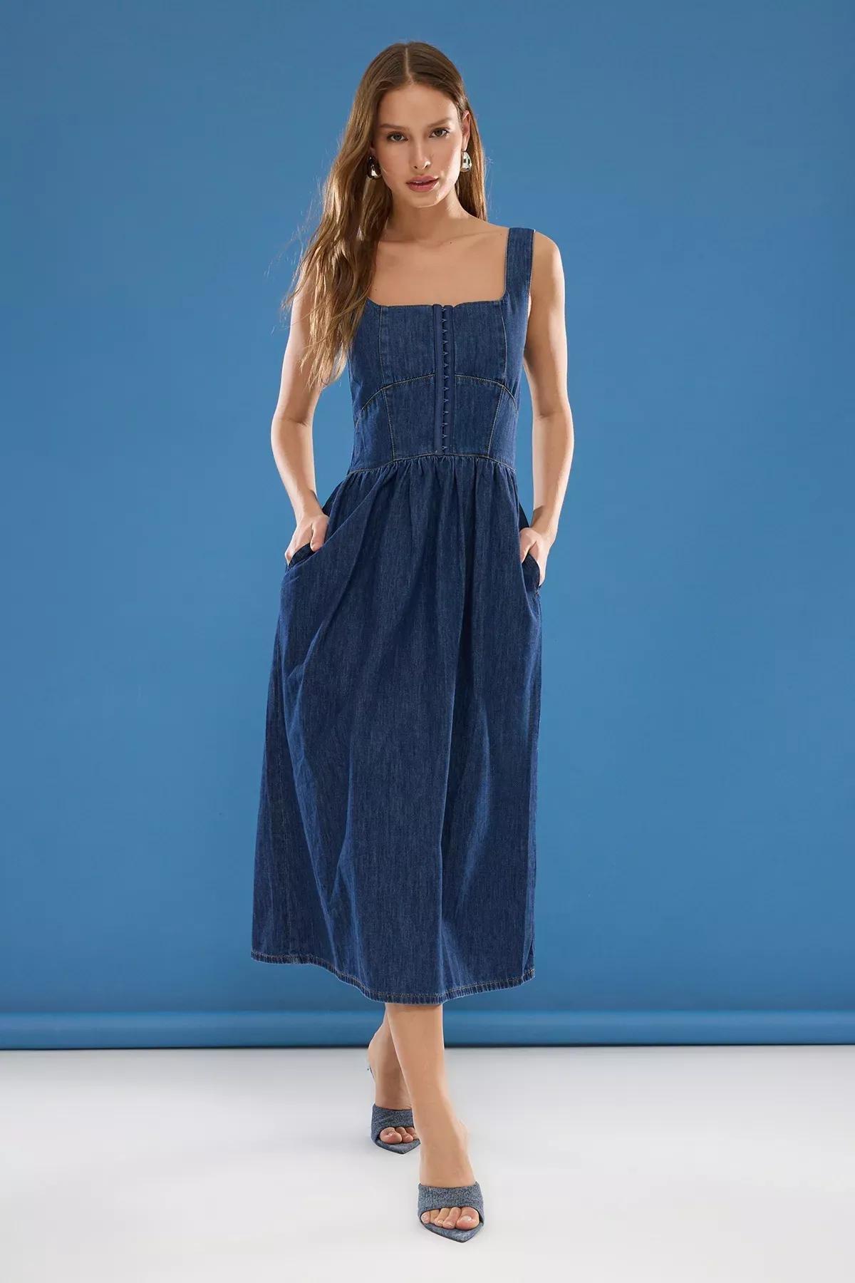 Blue Flounce Midi Denim Dress, , large image number 1