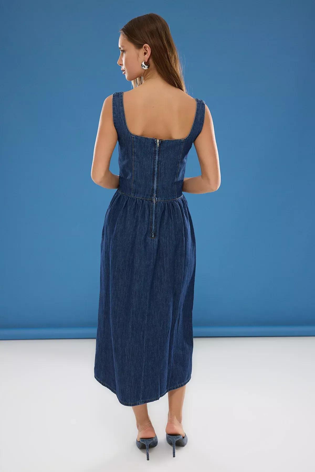 Blue Flounce Midi Denim Dress, , large image number 3