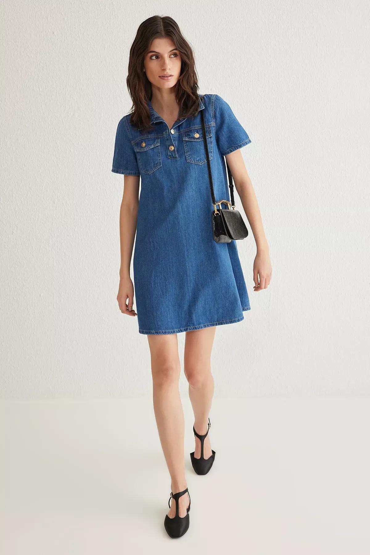 Blue Pocket Detailed Loose Mini Denim Dress, DARK BLUE, large image number 0
