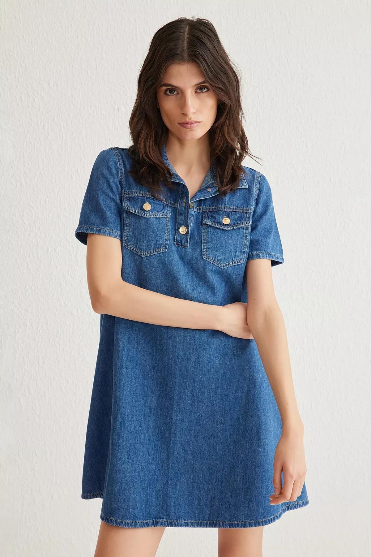 Blue Pocket Detailed Loose Mini Denim Dress, DARK BLUE, large image number 1