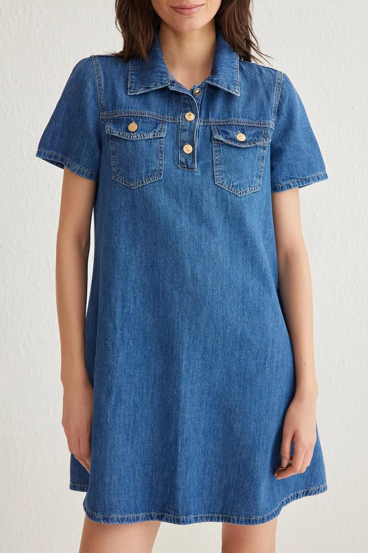 Blue Pocket Detailed Loose Mini Denim Dress, DARK BLUE, large image number 2