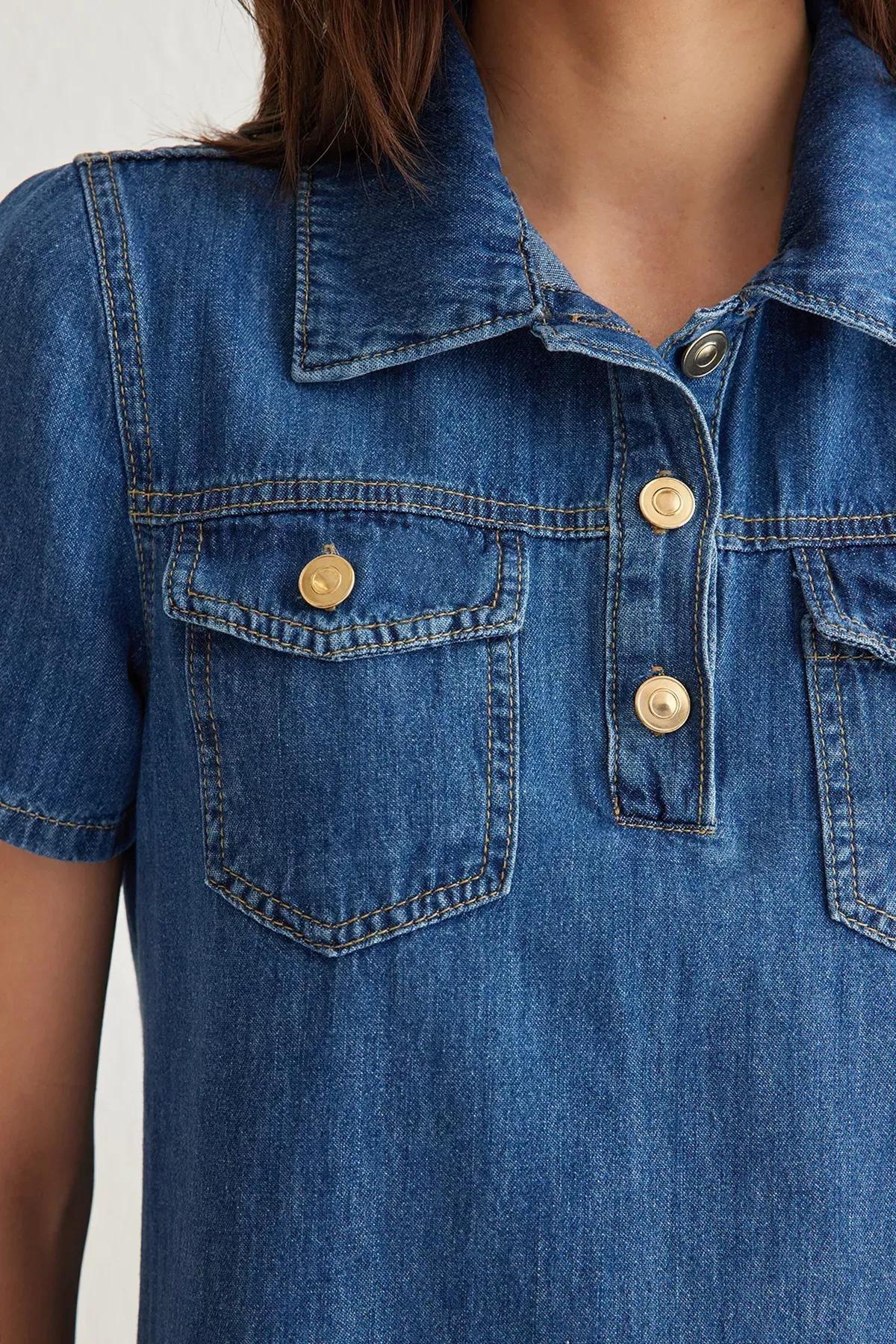 Blue Pocket Detailed Loose Mini Denim Dress, DARK BLUE, large image number 3