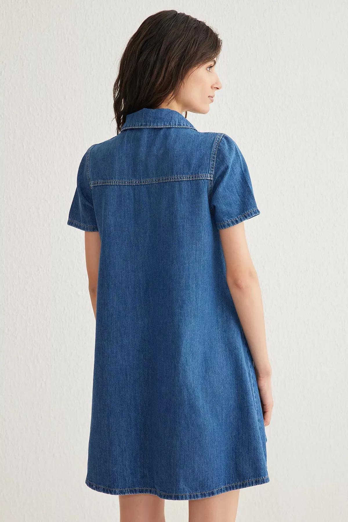 Blue Pocket Detailed Loose Mini Denim Dress, DARK BLUE, large image number 4