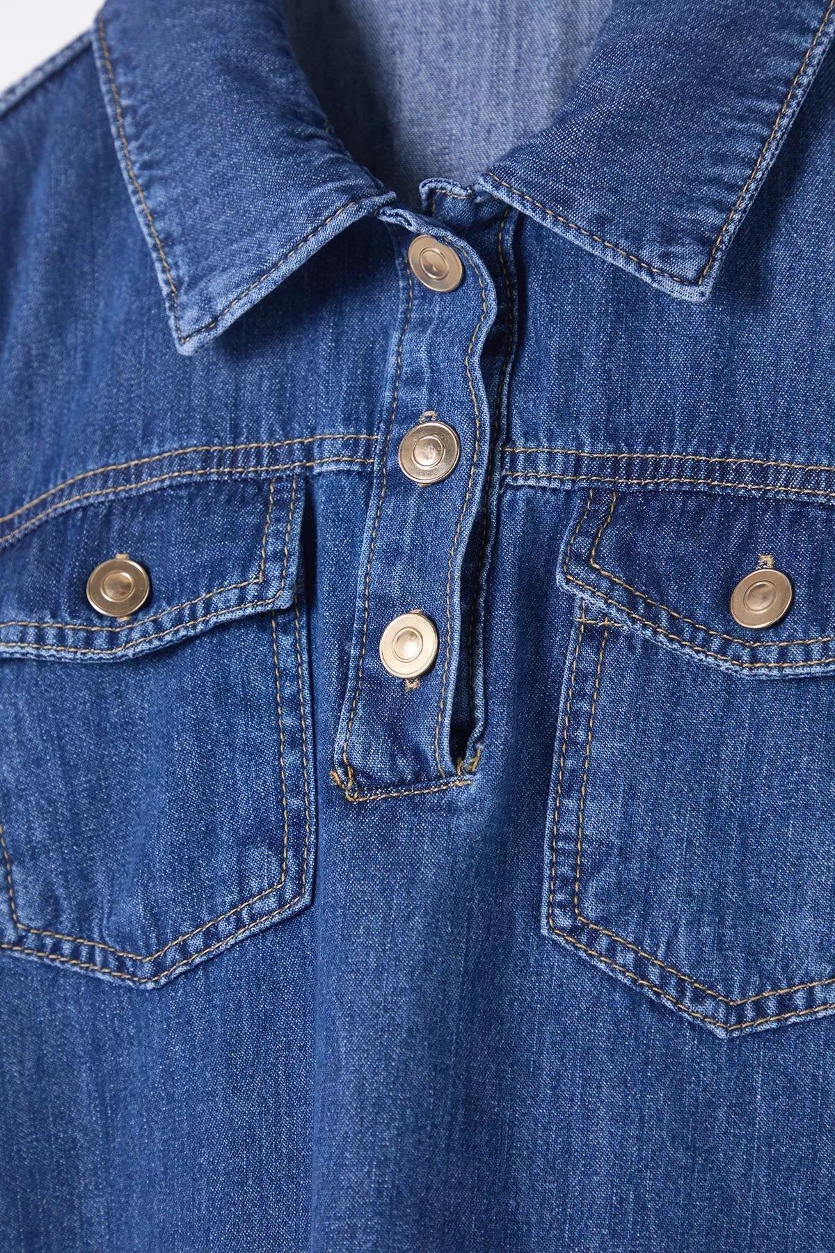 Blue Pocket Detailed Loose Mini Denim Dress, DARK BLUE, large image number 5