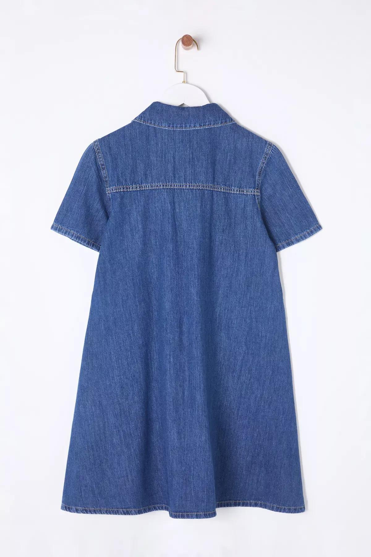 Blue Pocket Detailed Loose Mini Denim Dress, DARK BLUE, large image number 6