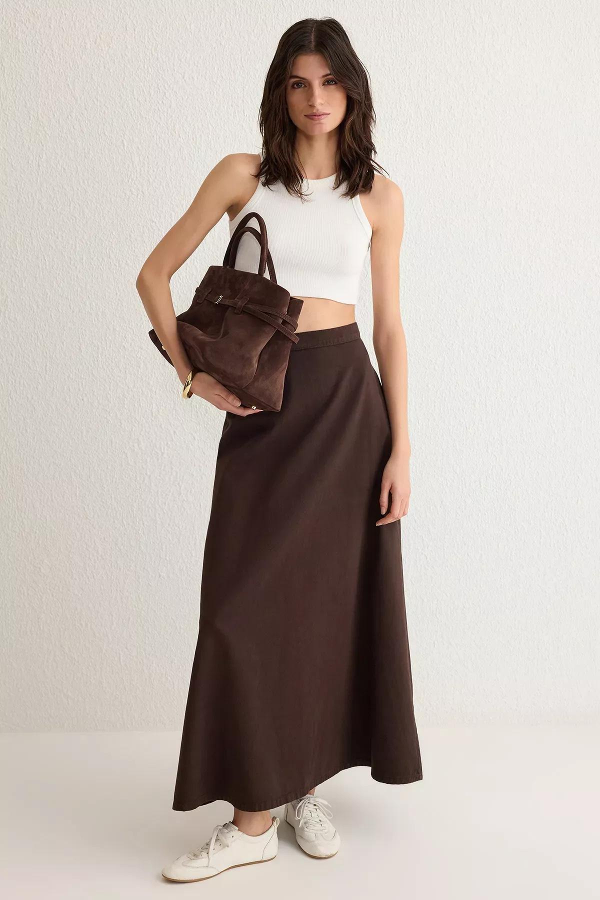 Brown Flounce Maxi Denim Skirt, , large image number 0