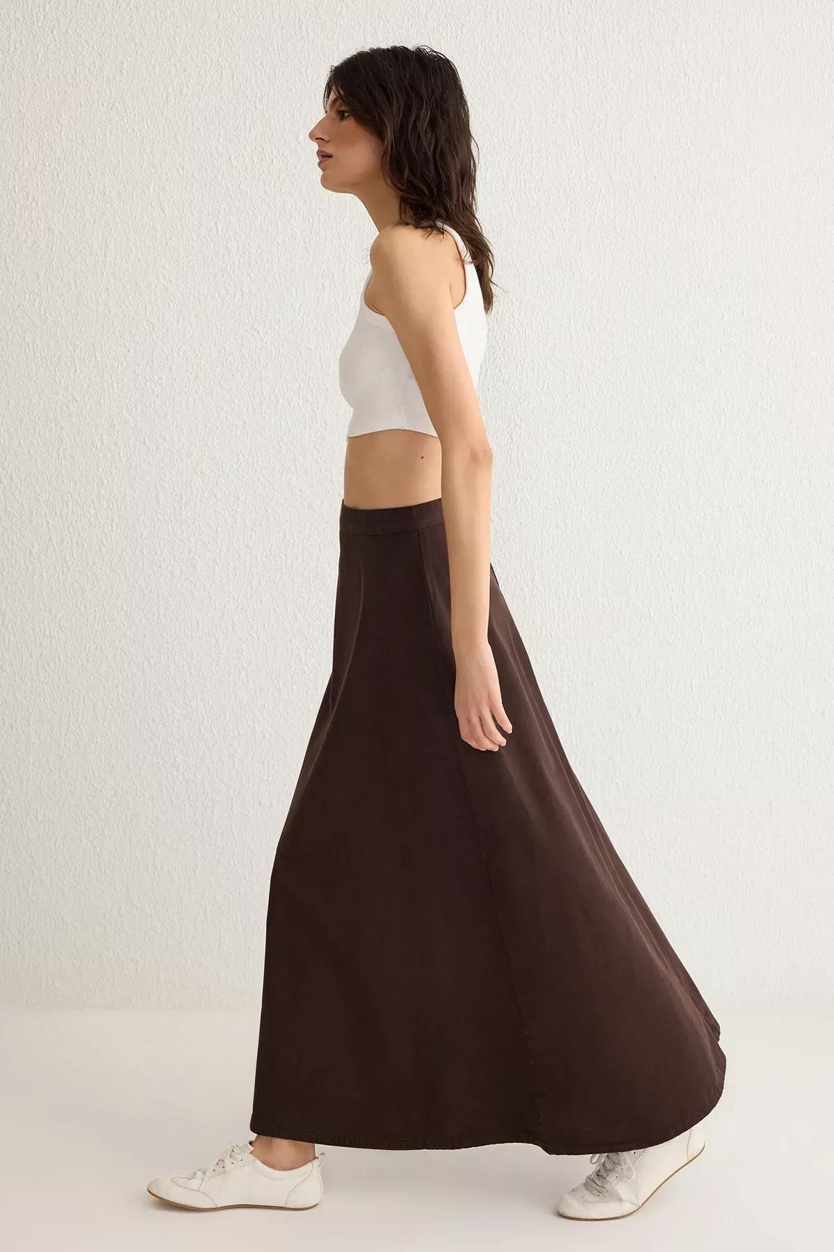 Brown Flounce Maxi Denim Skirt, , large image number 1