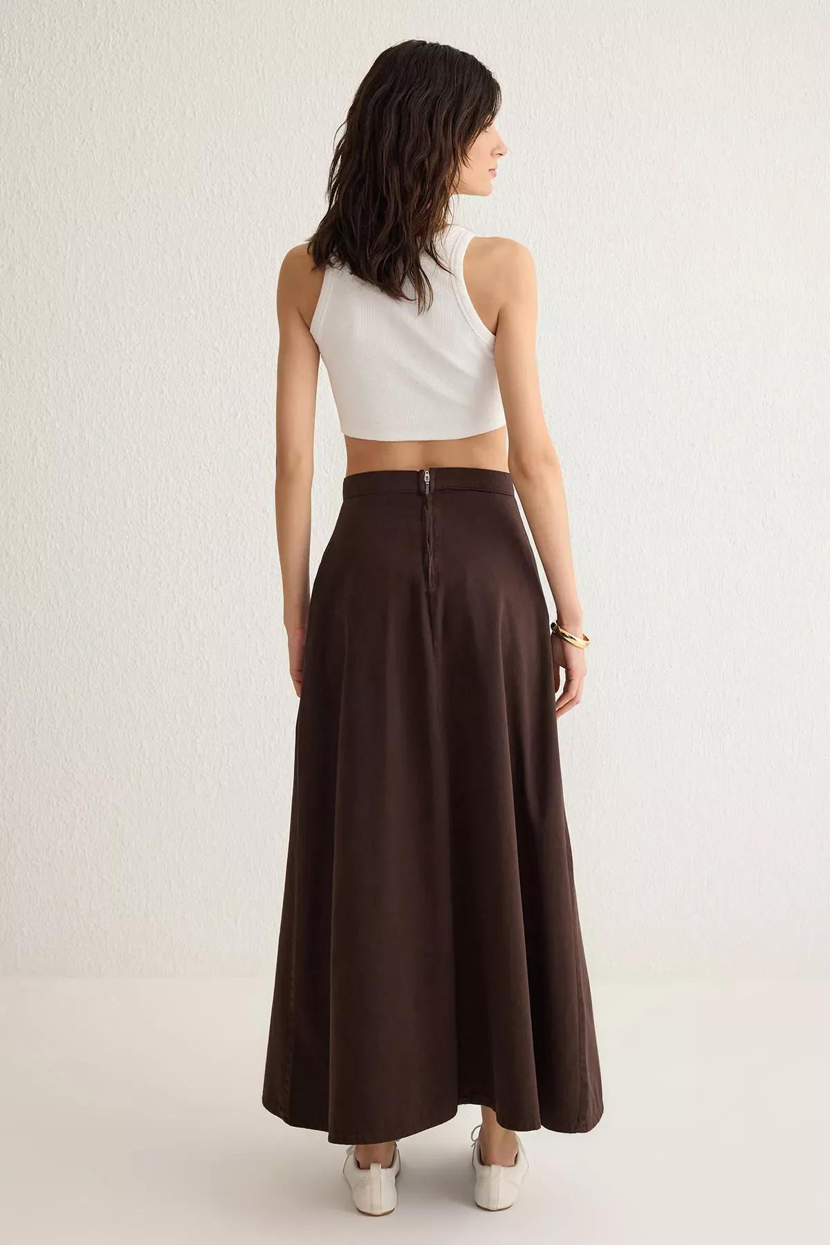 Brown Flounce Maxi Denim Skirt, , large image number 4