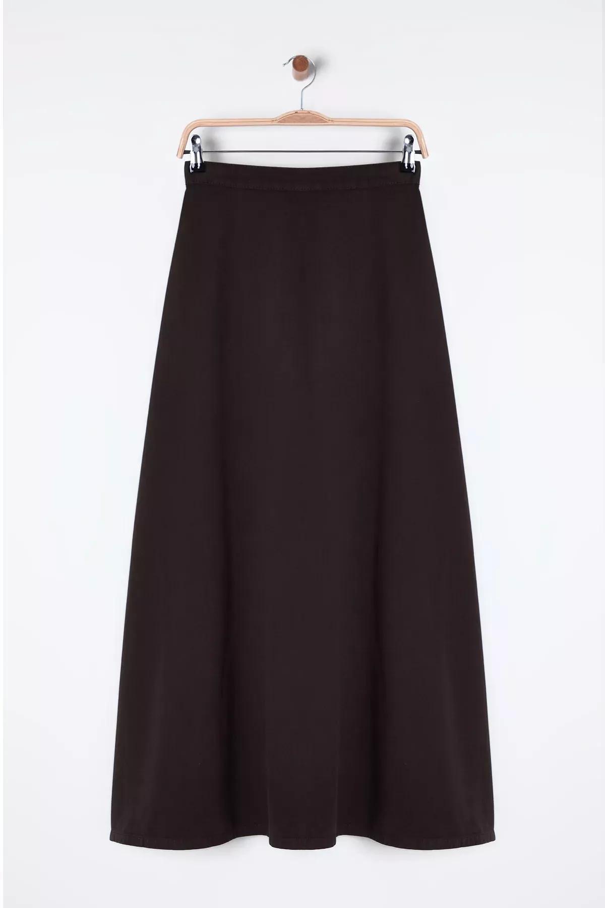 Brown Flounce Maxi Denim Skirt, , large image number 5