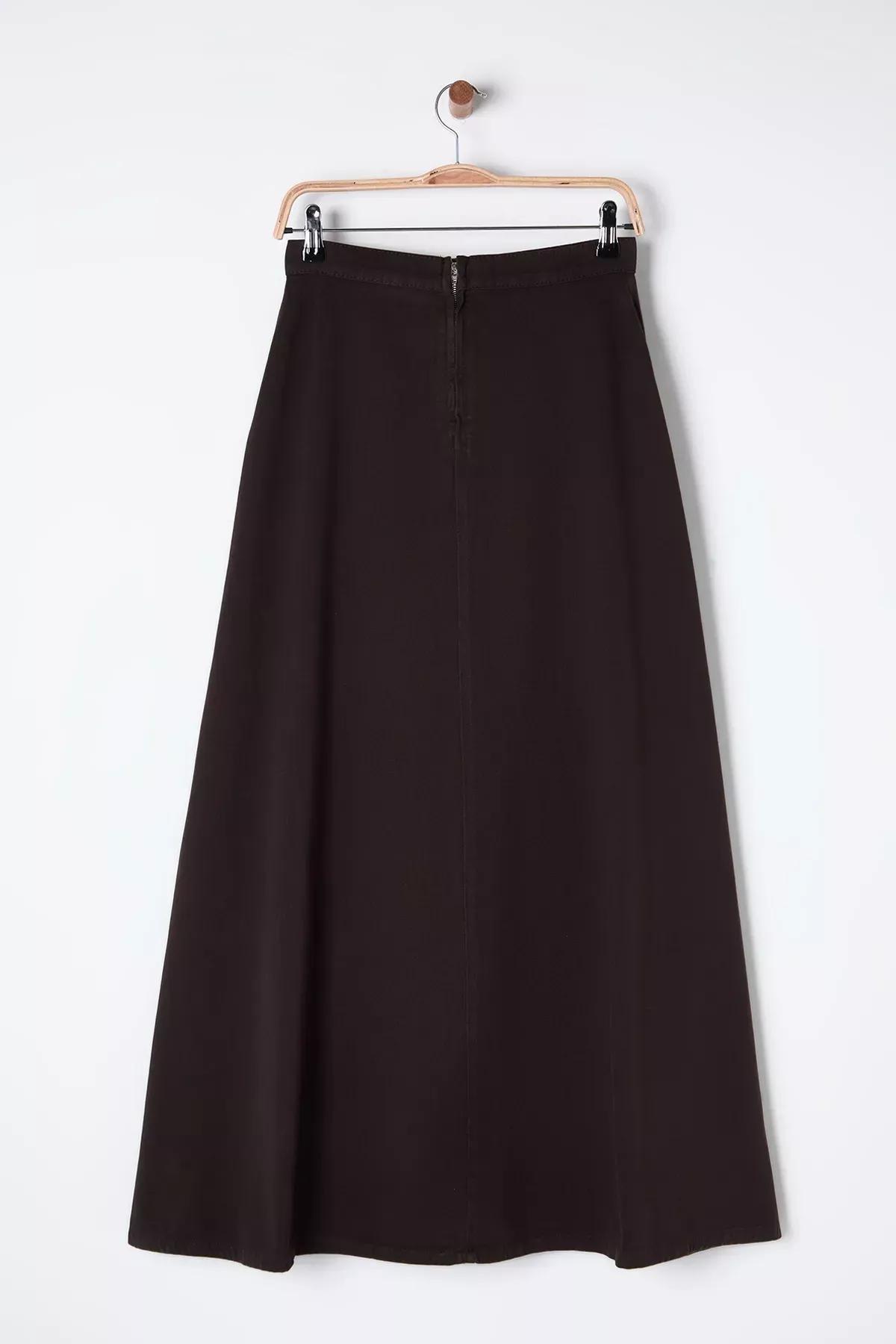 Brown Flounce Maxi Denim Skirt, , large image number 6