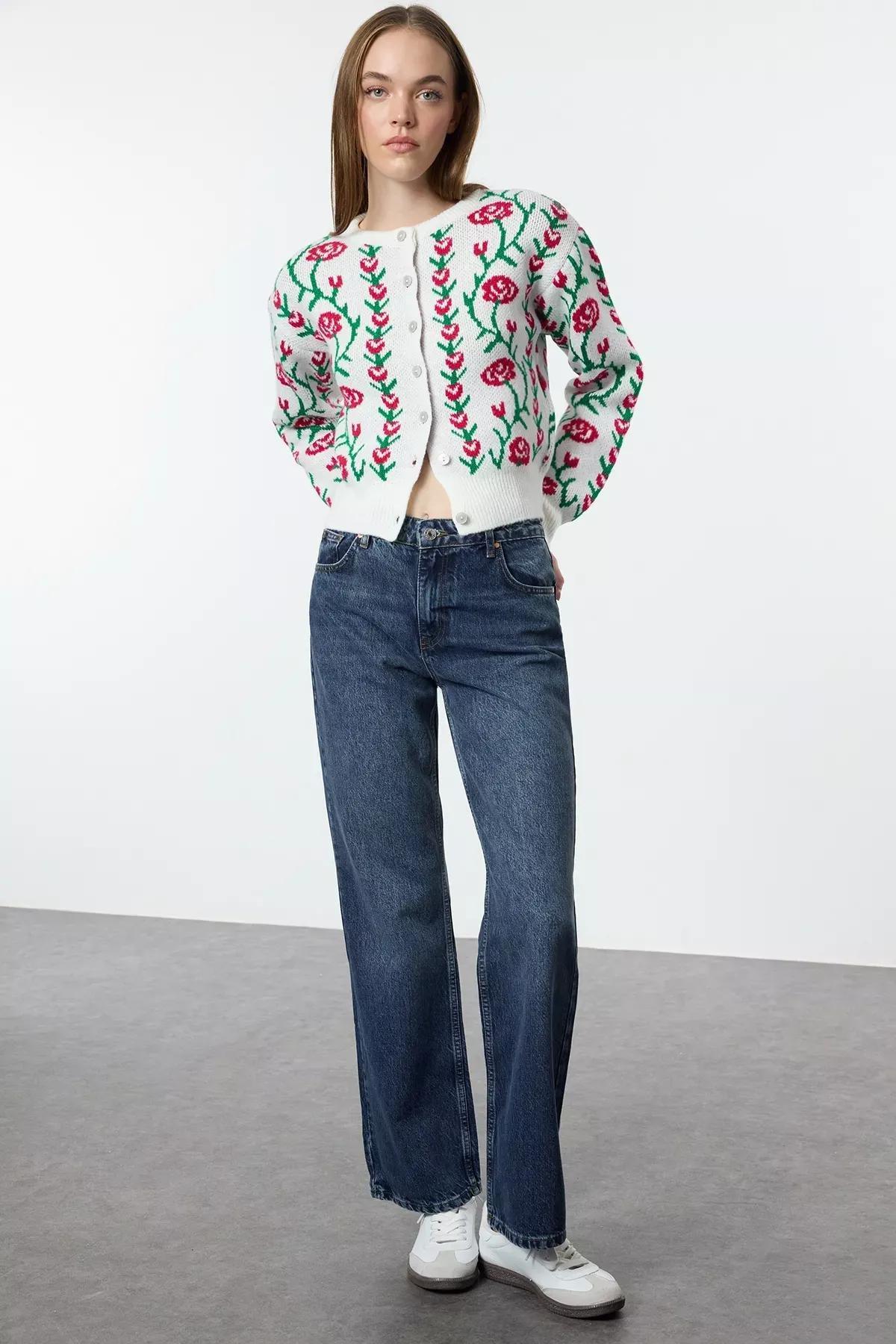Beige Floral Knit Cardigan, , large image number 0