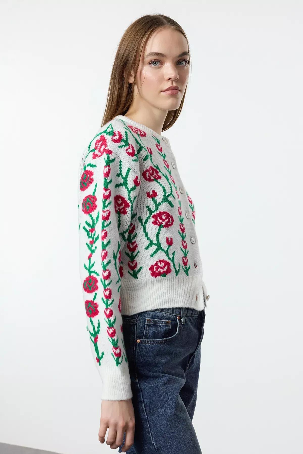 Beige Floral Knit Cardigan, , large image number 1
