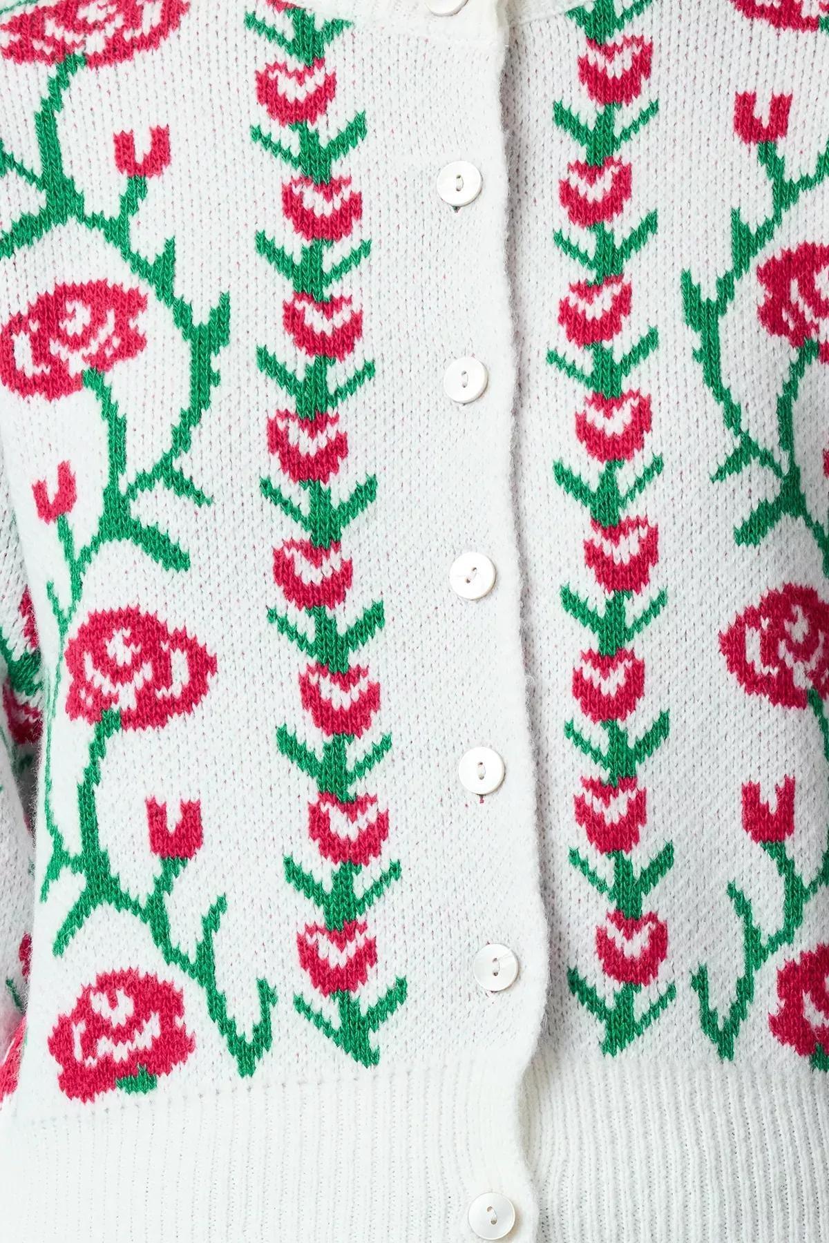 Beige Floral Knit Cardigan, , large image number 2