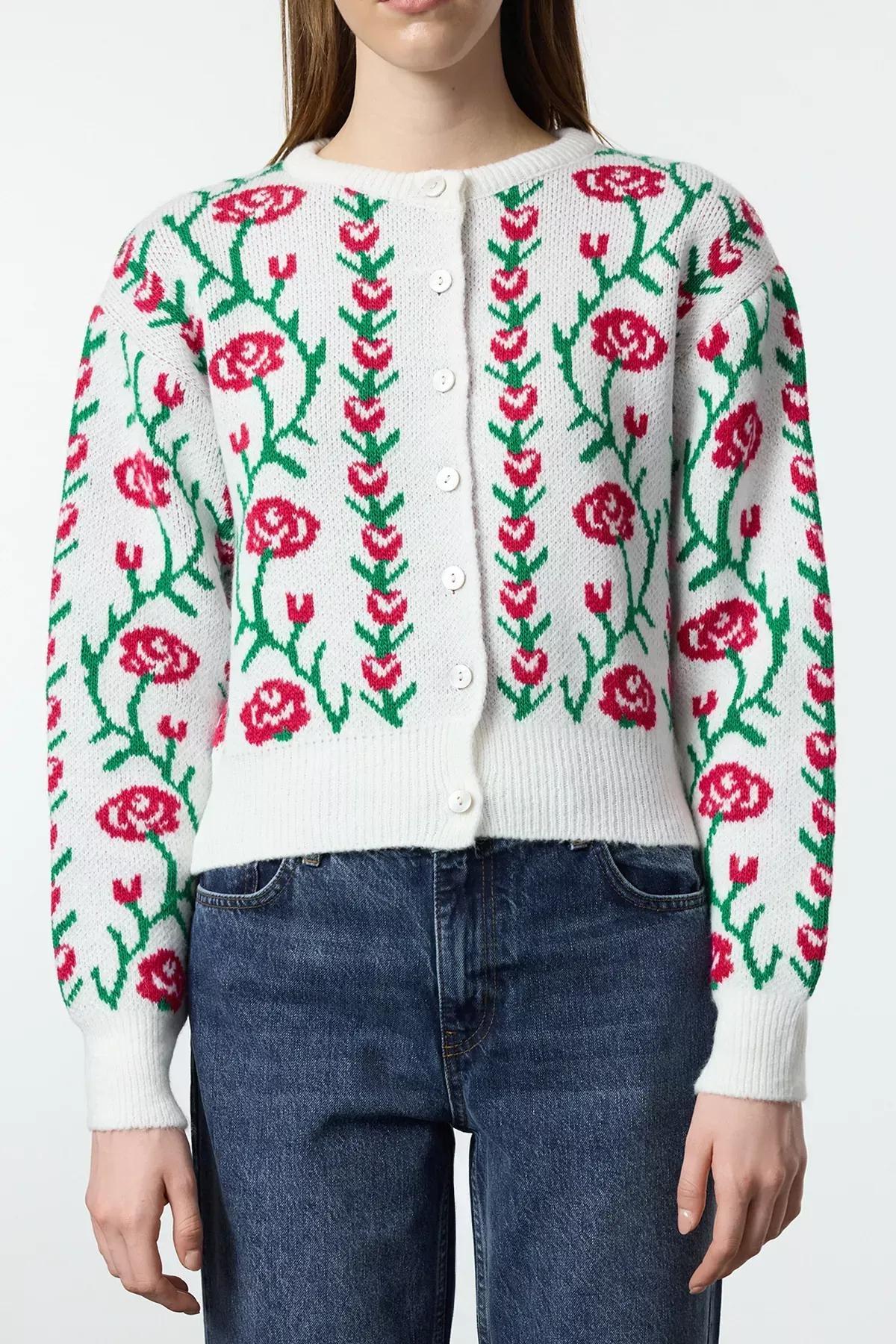 Beige Floral Knit Cardigan, , large image number 3