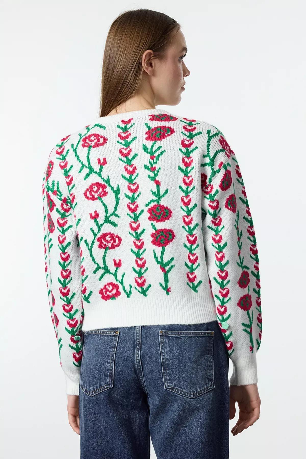Beige Floral Knit Cardigan, , large image number 4