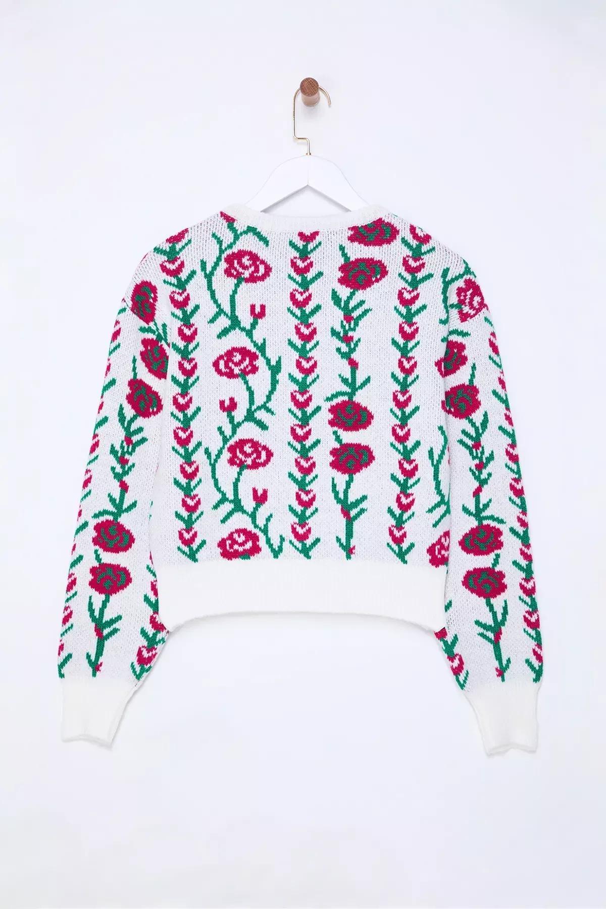 Beige Floral Knit Cardigan, , large image number 5
