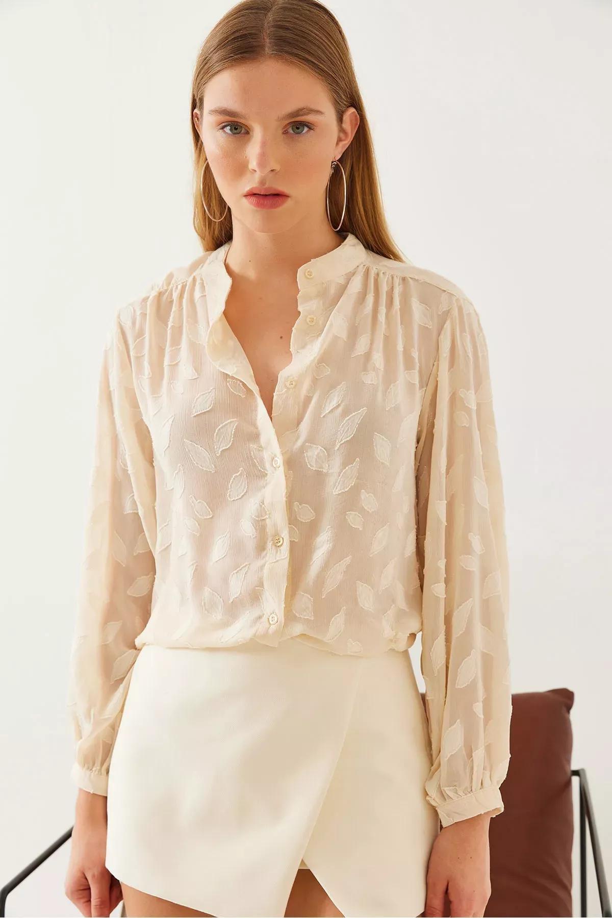 Womens Semi-Transparent Tassel Shirt MBMS042 60501042, Beige, large image number 3