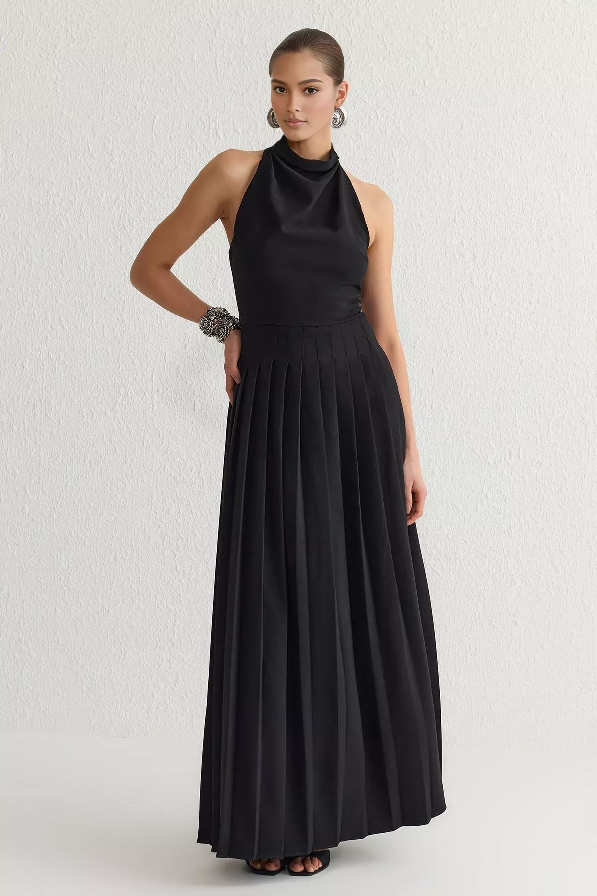 Black Pleated Elegant Occasionwear Dress, BLACK, large image number 0