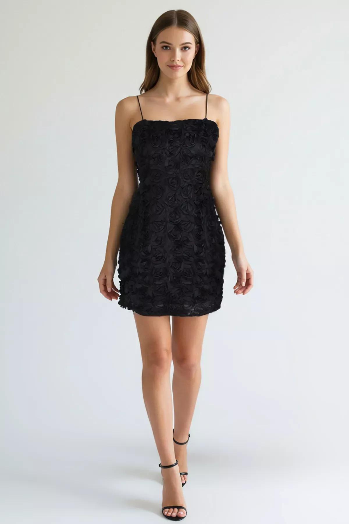 Black 3D Rose Applique Dress, , large image number 0