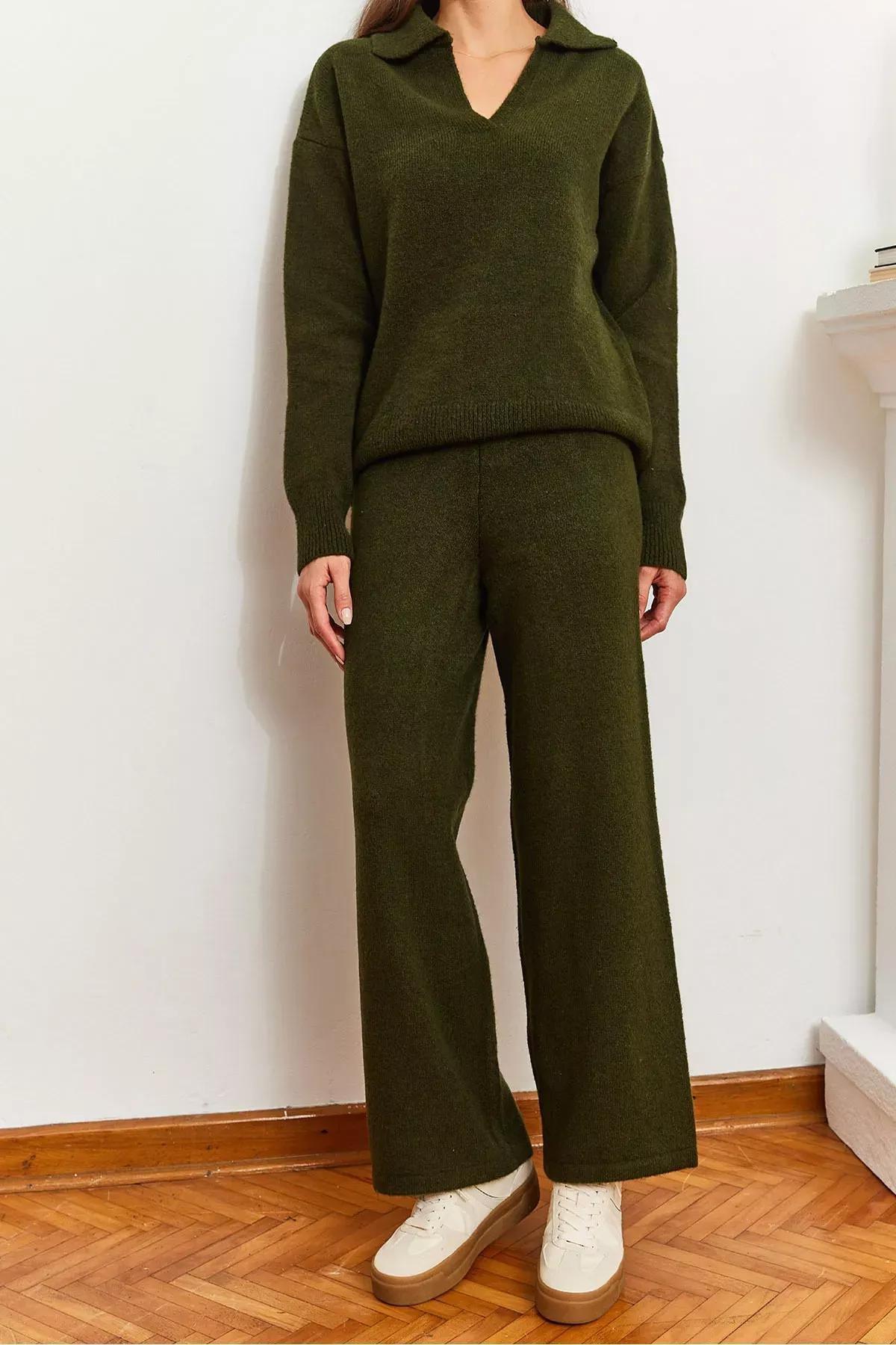 Green Knitwear Top-Bottom Set, Khaki, large image number 0