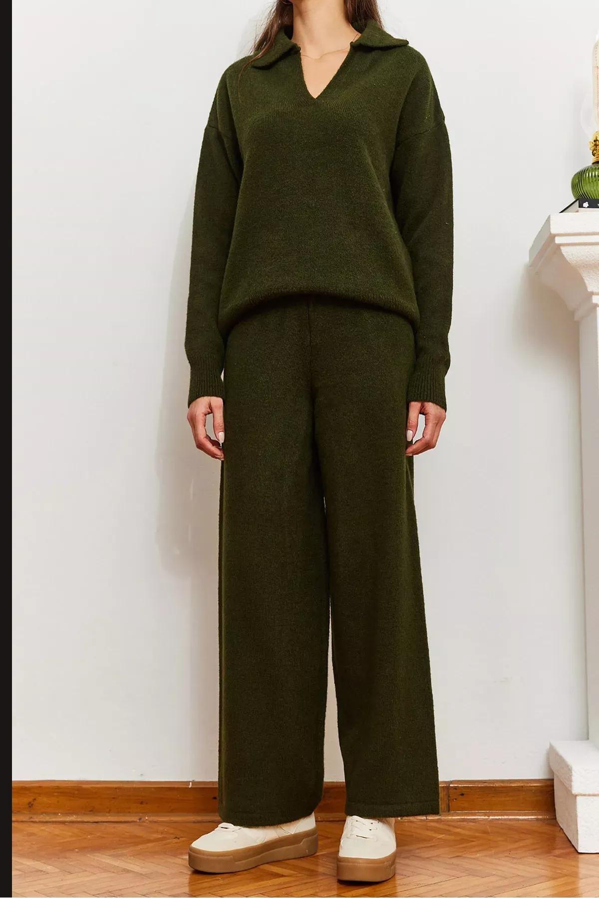 Green Knitwear Top-Bottom Set, Khaki, large image number 1