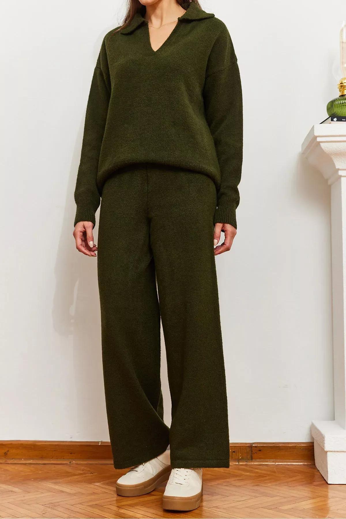 Green Knitwear Top-Bottom Set, Khaki, large image number 2