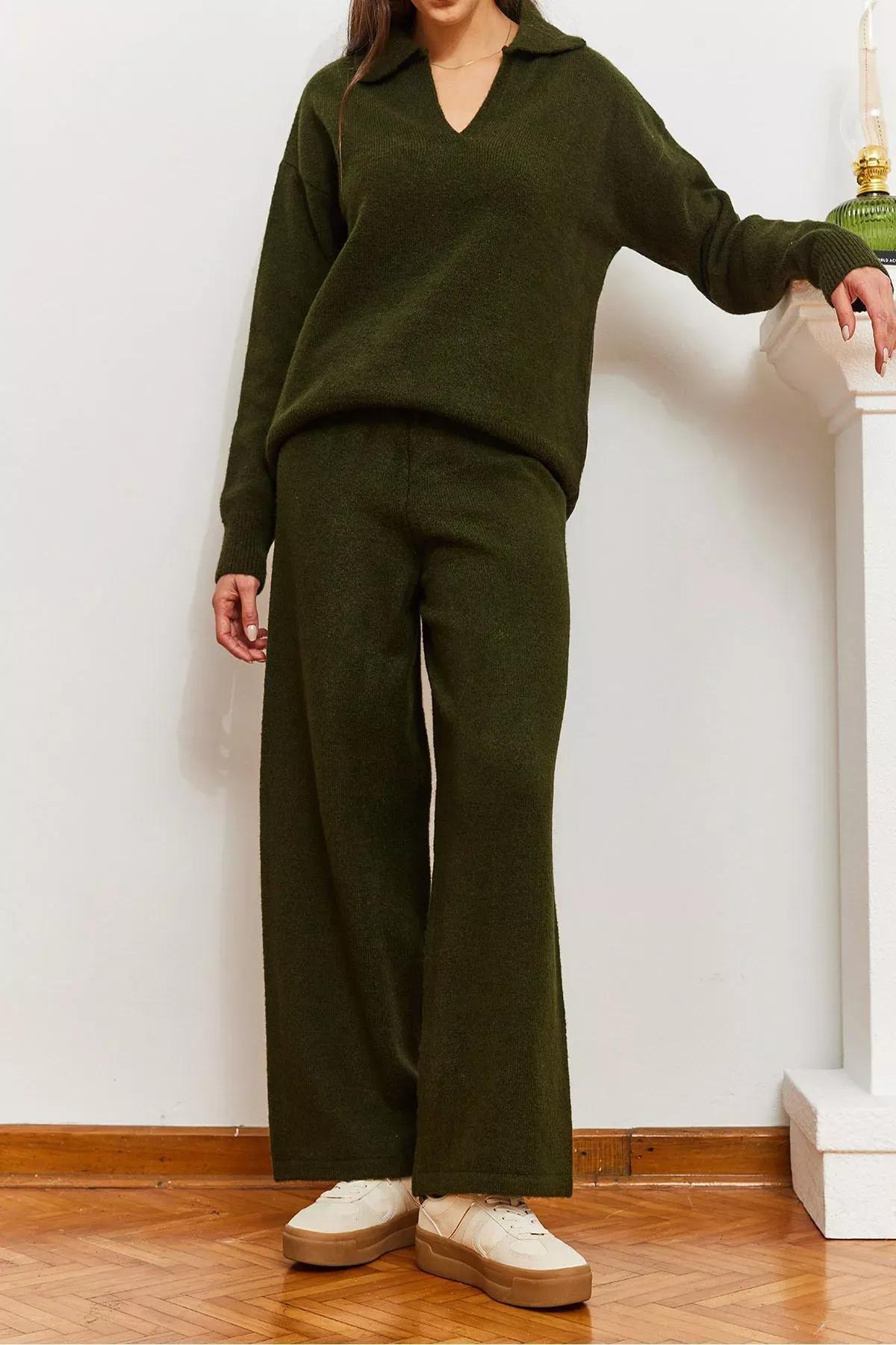 Green Knitwear Top-Bottom Set, Khaki, large image number 3