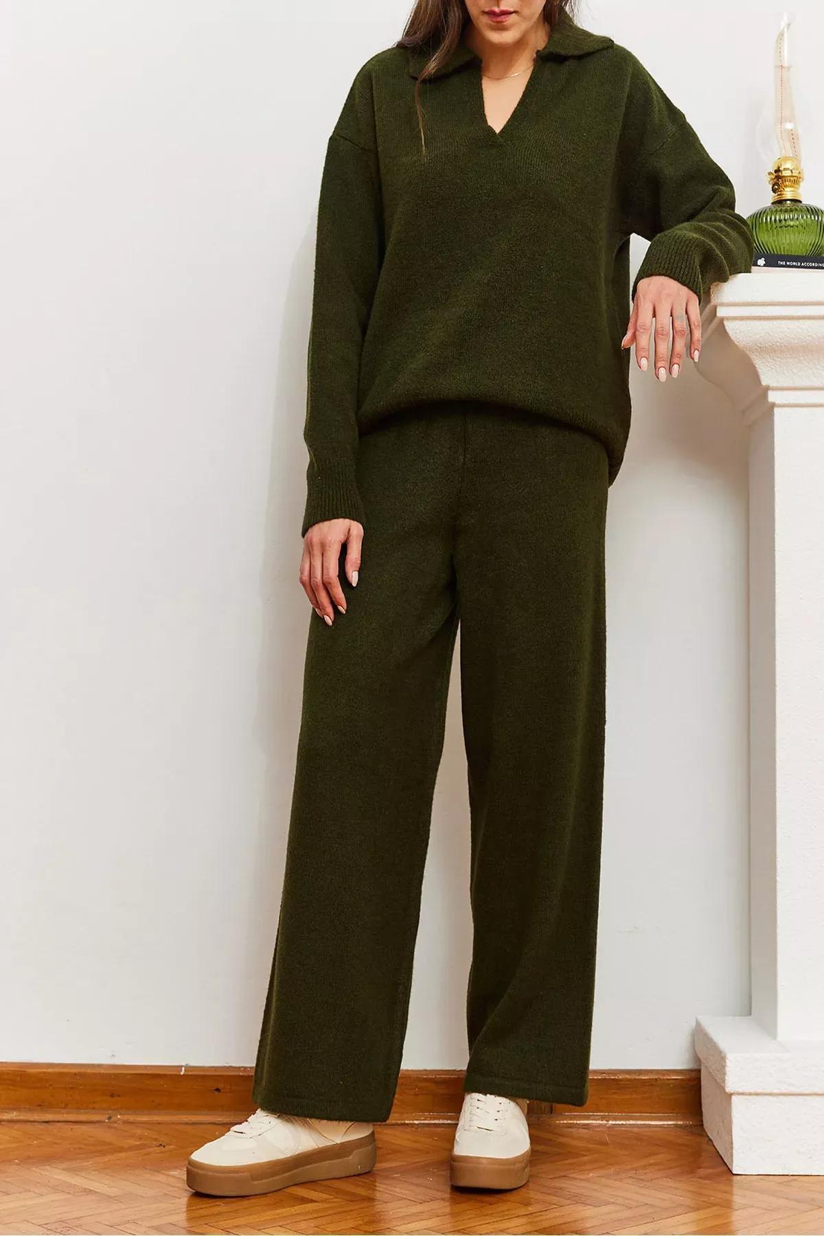 Green Knitwear Top-Bottom Set, Khaki, large image number 4