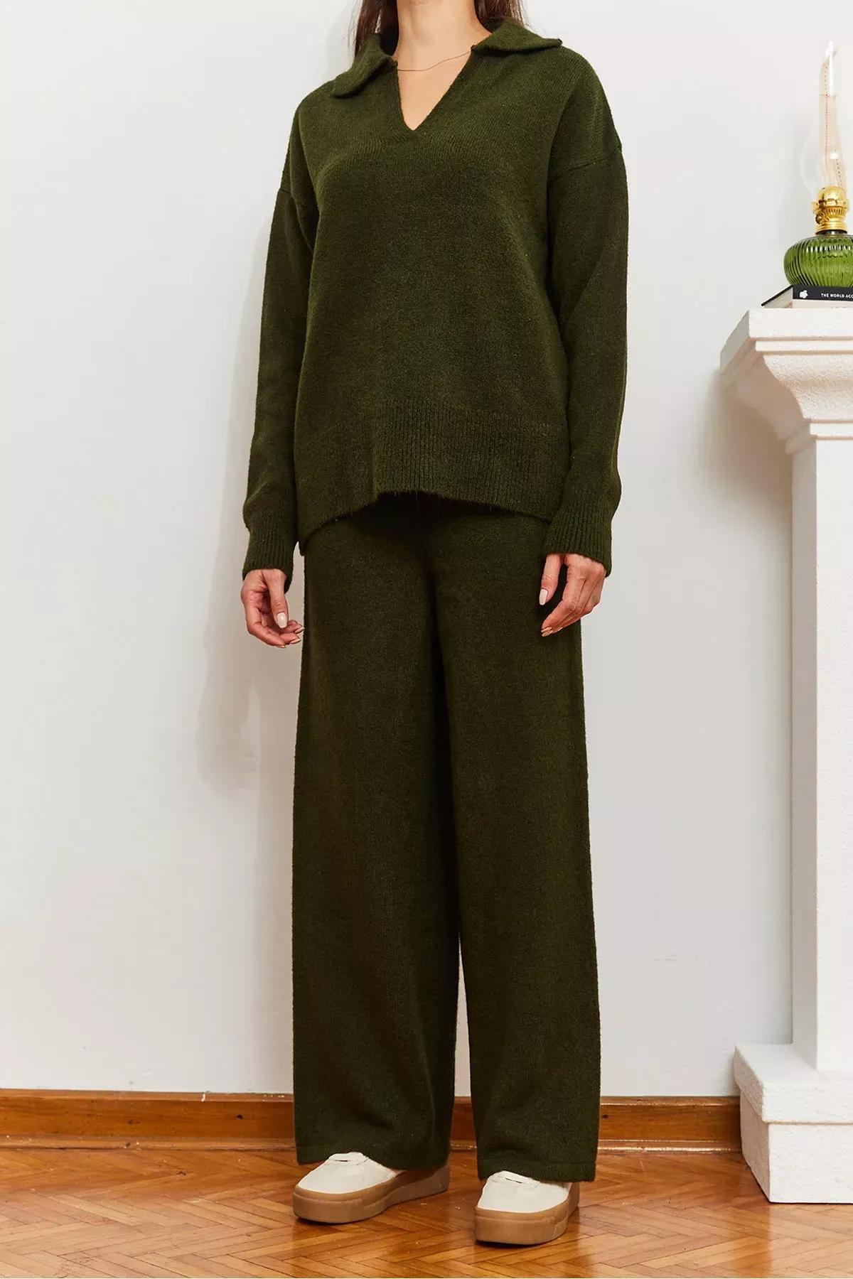 Green Knitwear Top-Bottom Set, Khaki, large image number 6