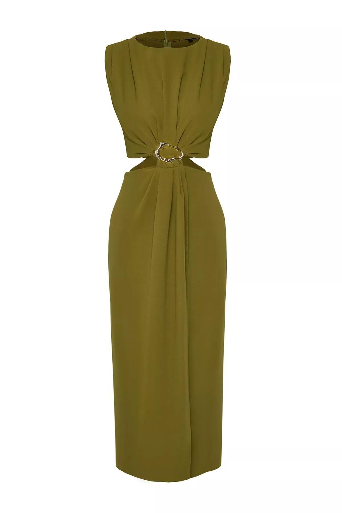 Green A-Line Accessory Detailed Midi Crepe Dress, OIL GREEN, large image number 0