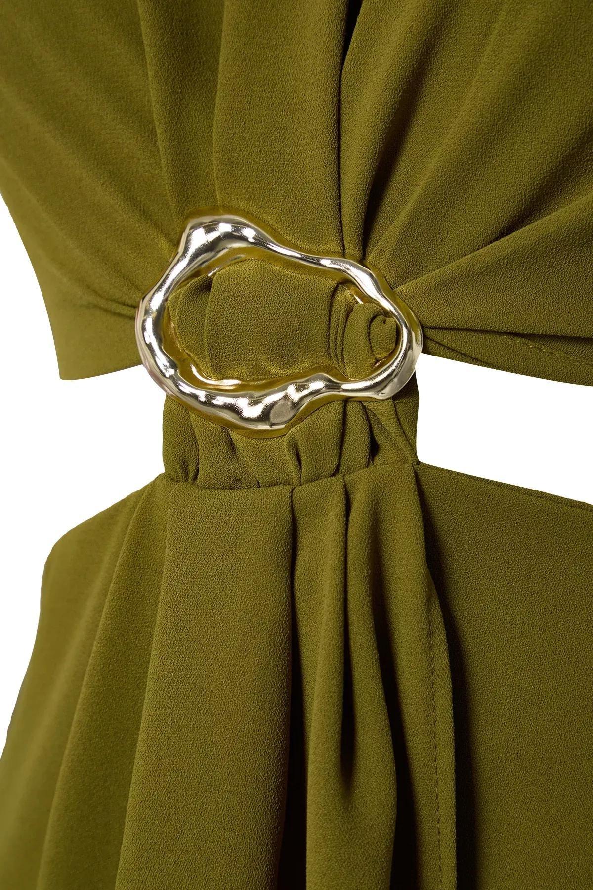 Green A-Line Accessory Detailed Midi Crepe Dress, OIL GREEN, large image number 2
