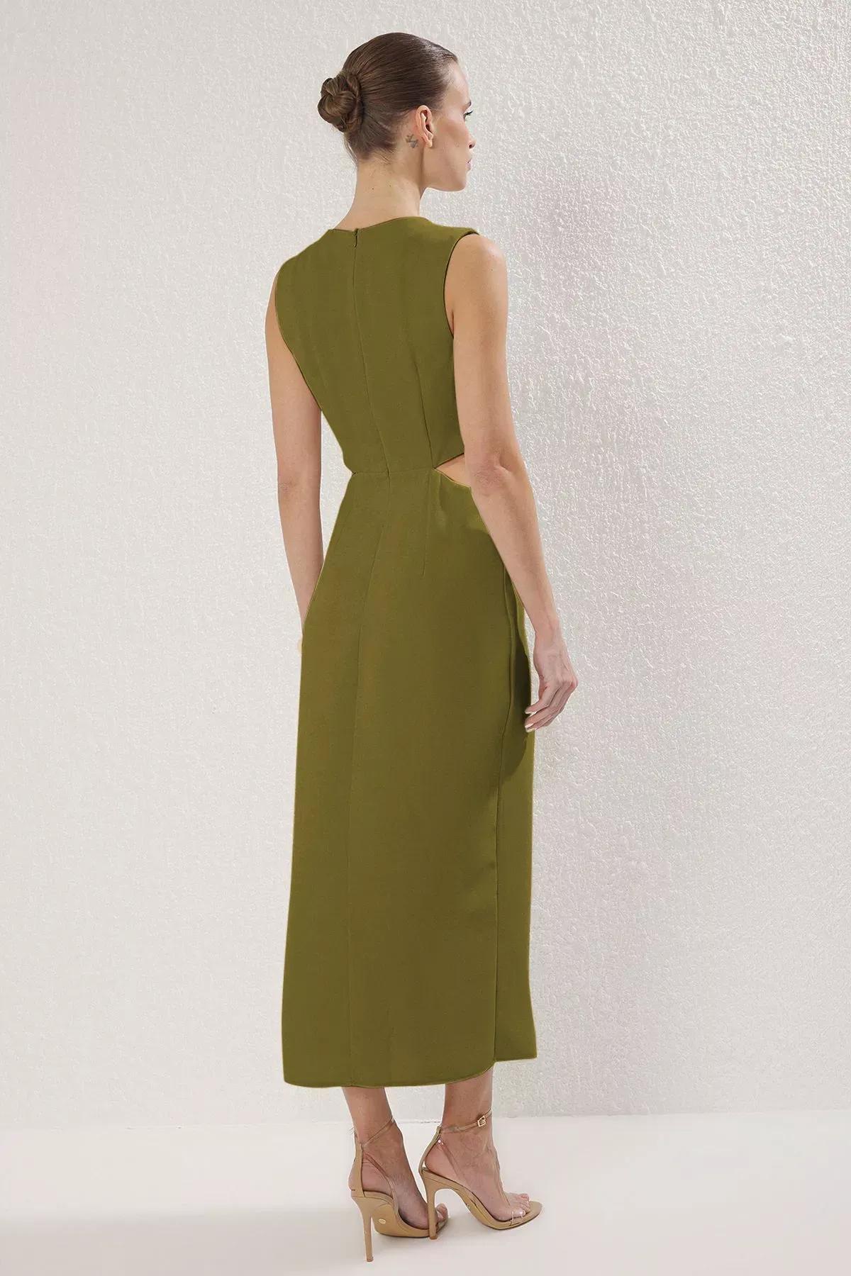 Green A-Line Accessory Detailed Midi Crepe Dress, OIL GREEN, large image number 5