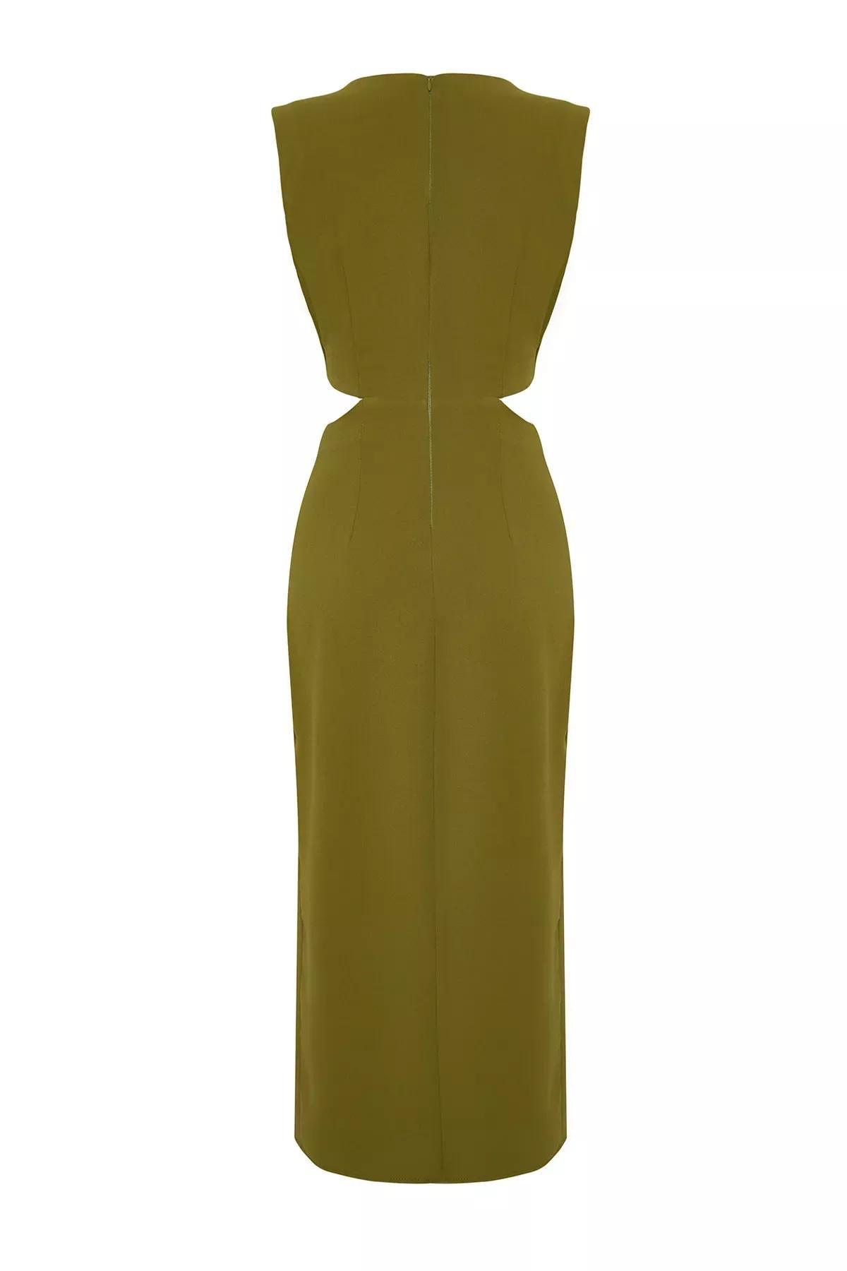 Green A-Line Accessory Detailed Midi Crepe Dress, OIL GREEN, large image number 6