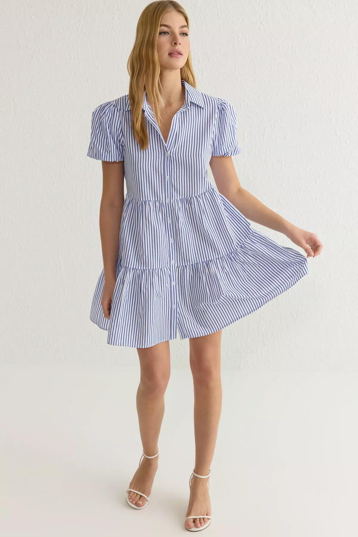Blue Striped Mini Poplin Shirt Dress, , large image number 0