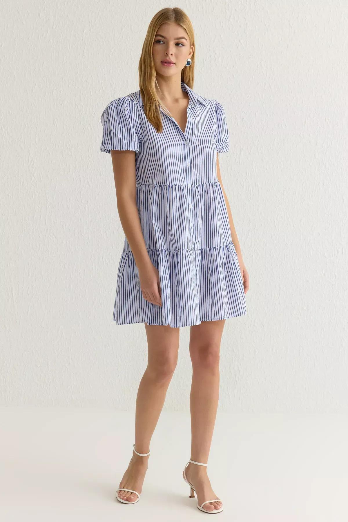 Blue Striped Mini Poplin Shirt Dress, , large image number 1