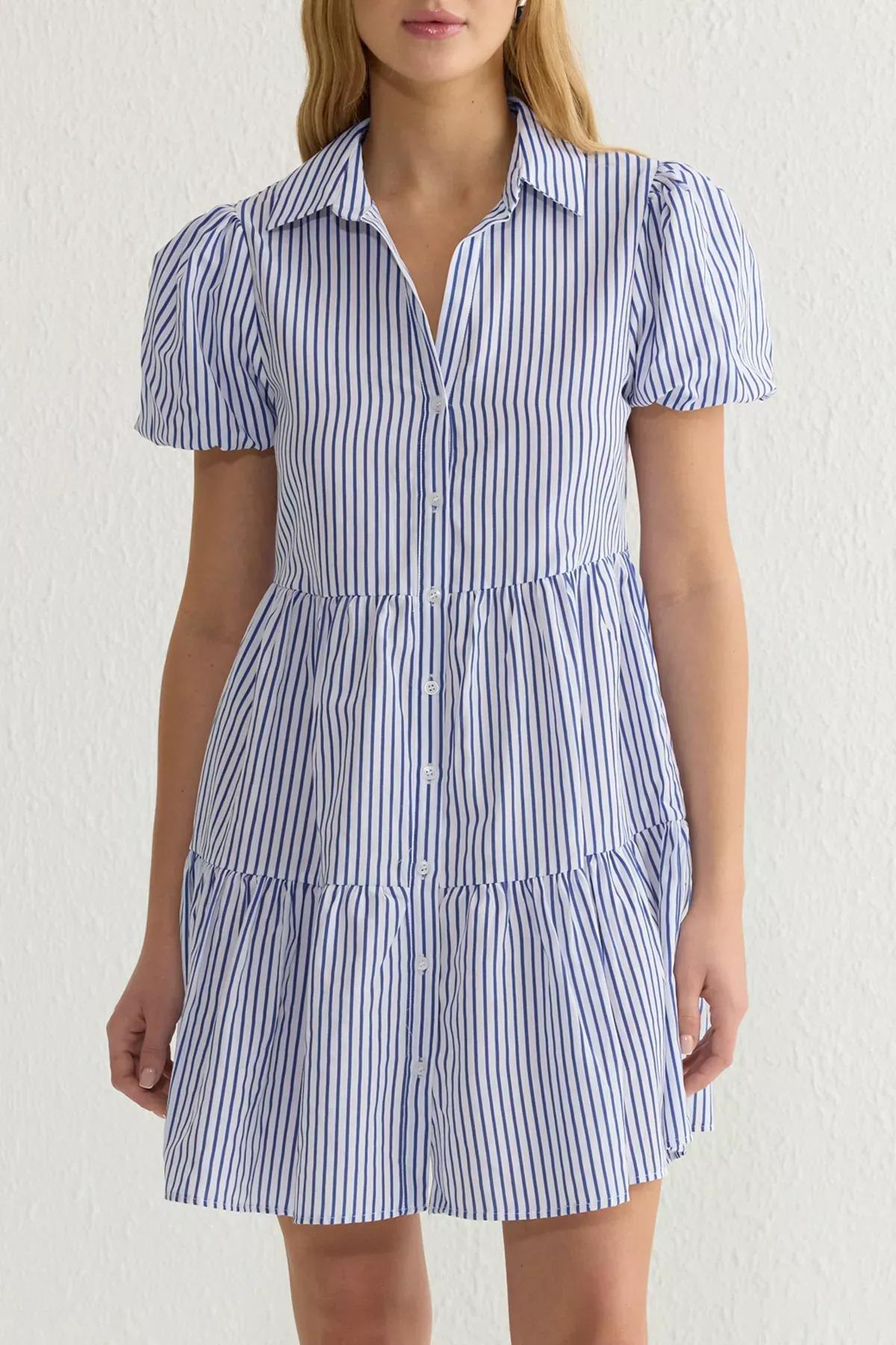 Blue Striped Mini Poplin Shirt Dress, , large image number 3