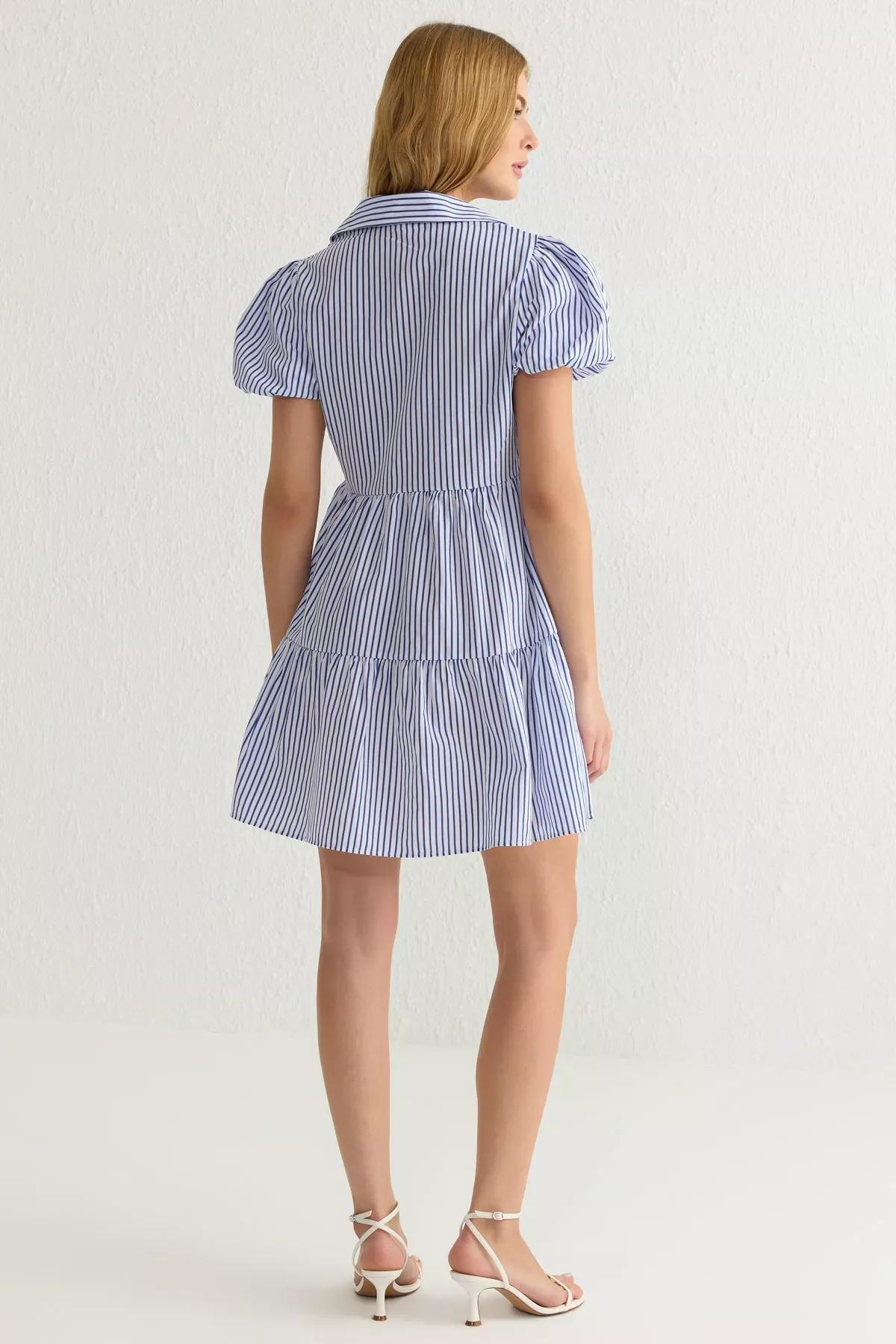 Blue Striped Mini Poplin Shirt Dress, , large image number 4