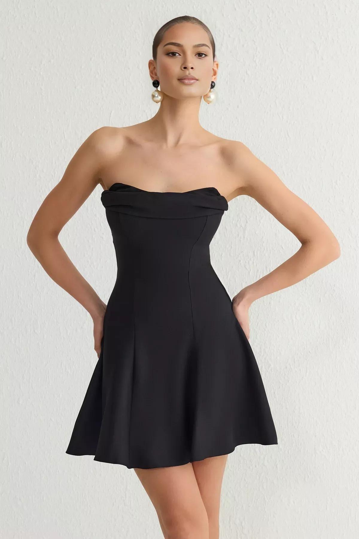Black A-Line Strapless Elegant Dress, , large image number 0
