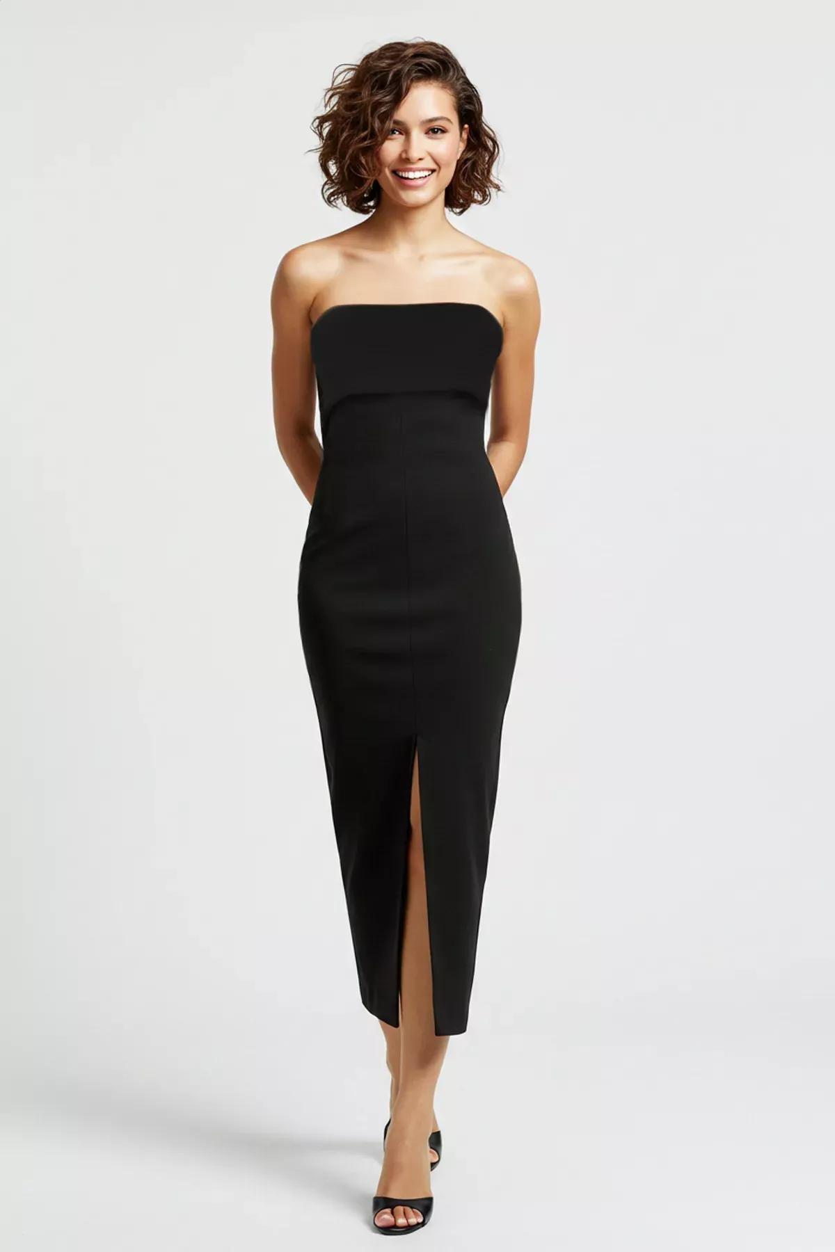 Black Strapless Woven Elegant Dress, , large image number 0