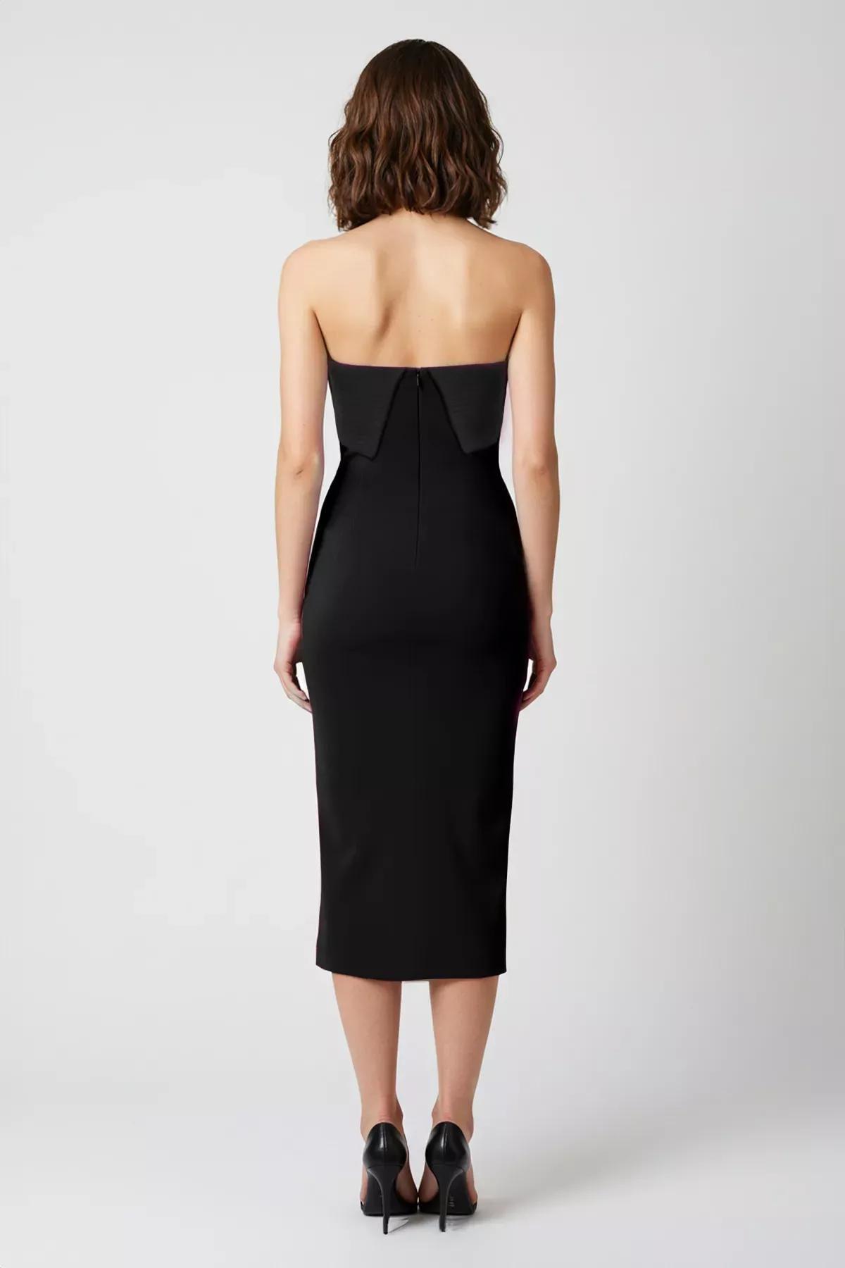 Black Strapless Woven Elegant Dress, , large image number 1