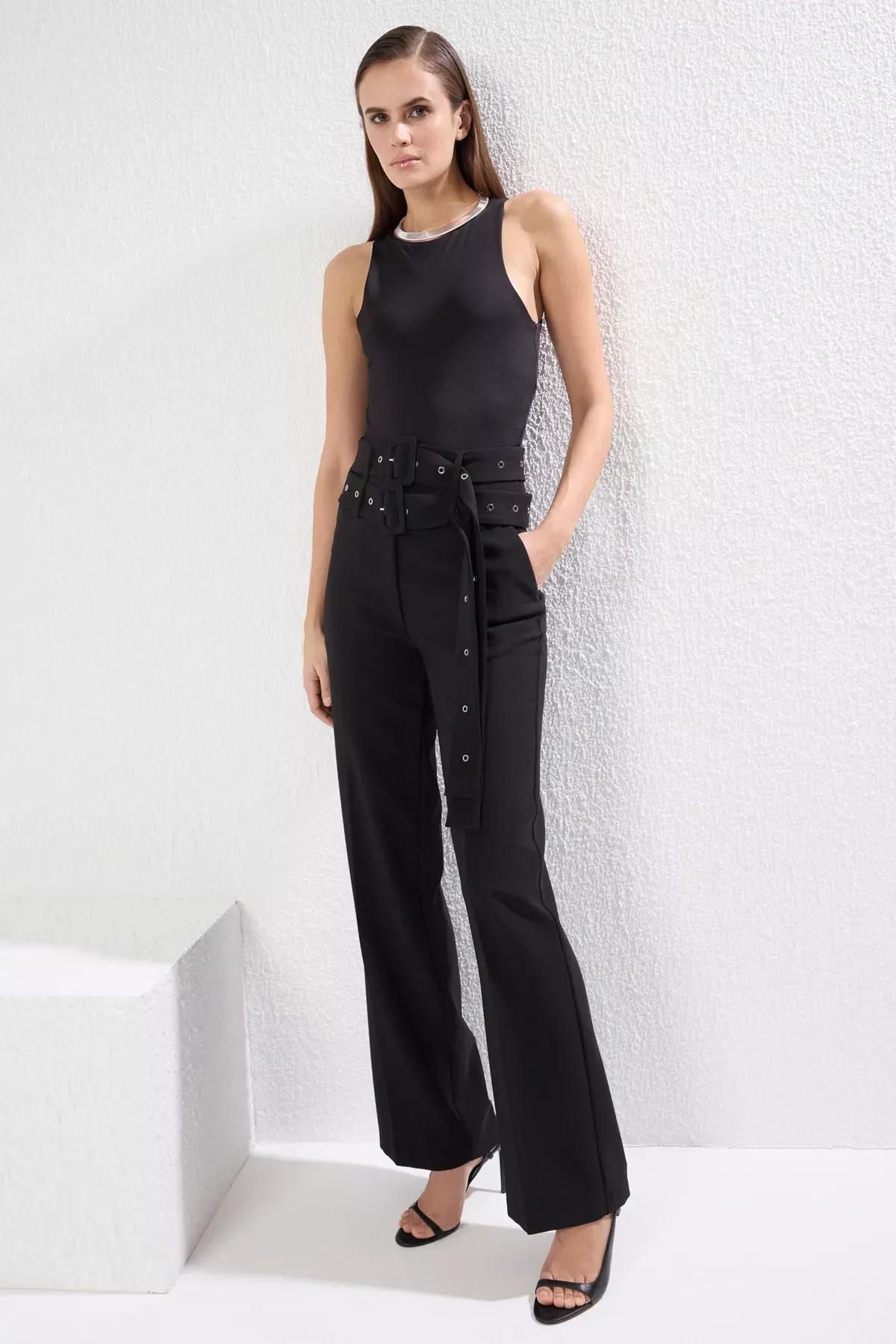 Black Double Belt Woven Trousers, , large image number 0